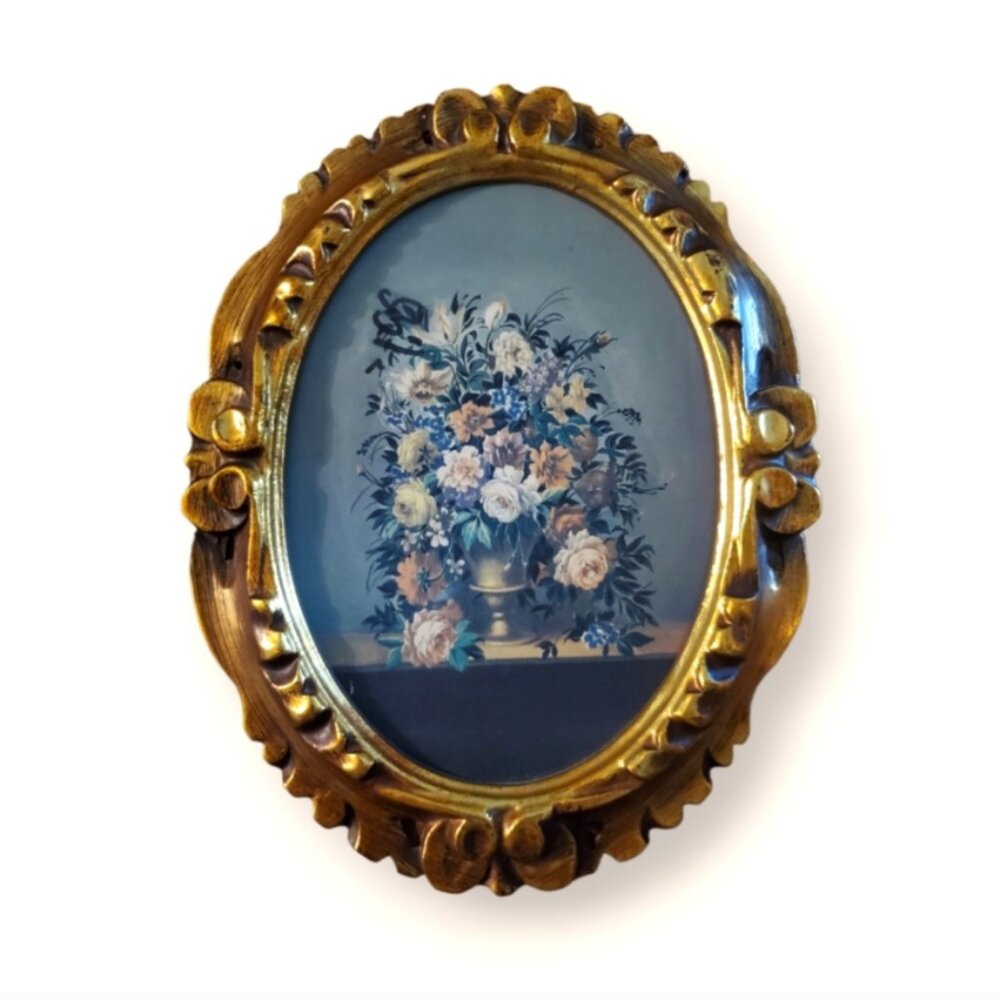 Vintage Italian Oval Gilt Metal Frame Floral Prints